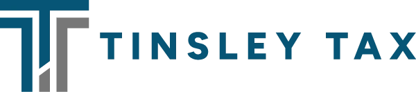Blue and grey image of stylized T logo followed horizontally to the right by the words Tinsley Tax in blue